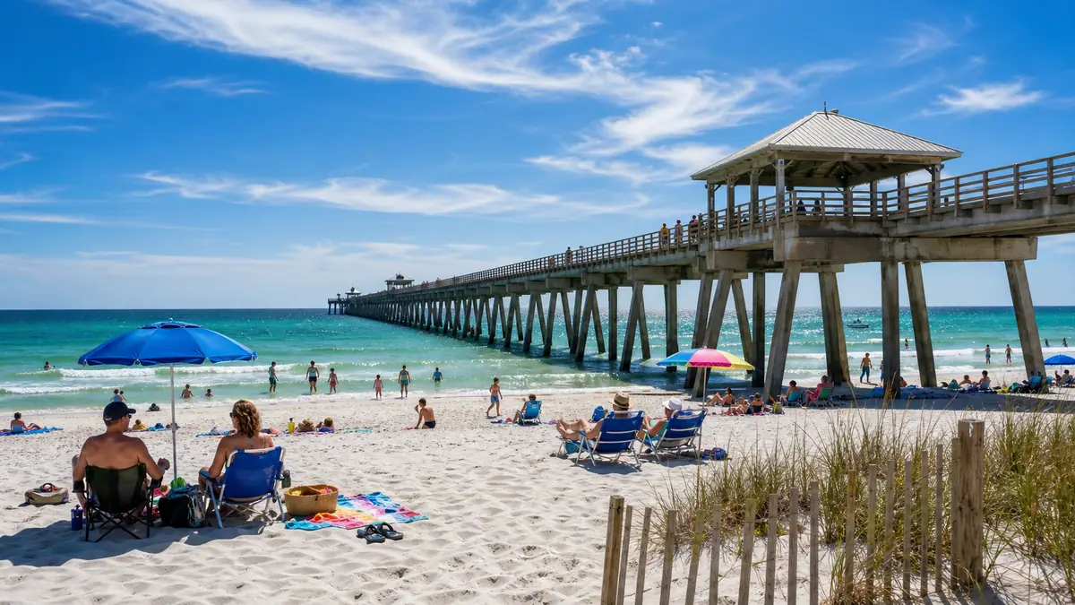 Photoreal Russell-Fields Pier and Gulf shoreline in Panama City Beach under bright daylight