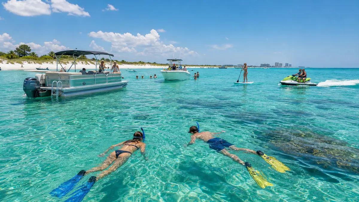 Photoreal Shell Island snorkeling and water-sports scene near Panama City Beach in bright daylight