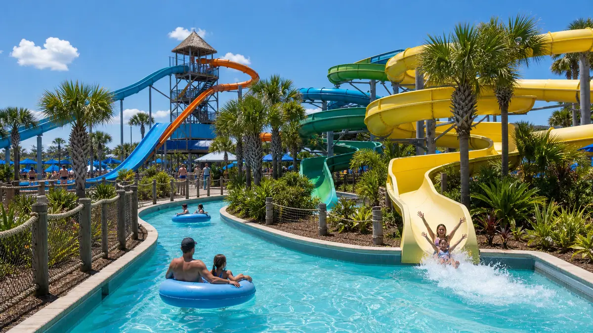 Photoreal Shipwreck Island Waterpark with colorful slides and tropical family atmosphere in Panama City Beach