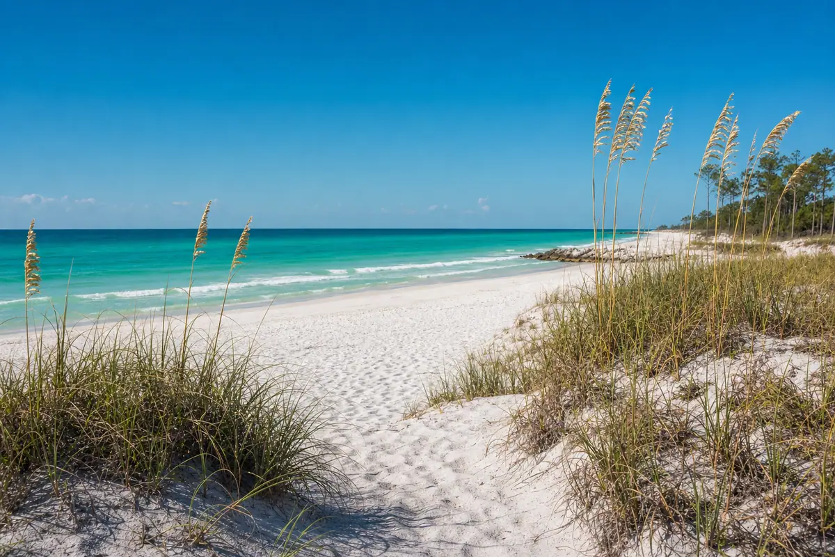 Photoreal white-sand beach, dunes, and emerald water representing St. Andrews State Park