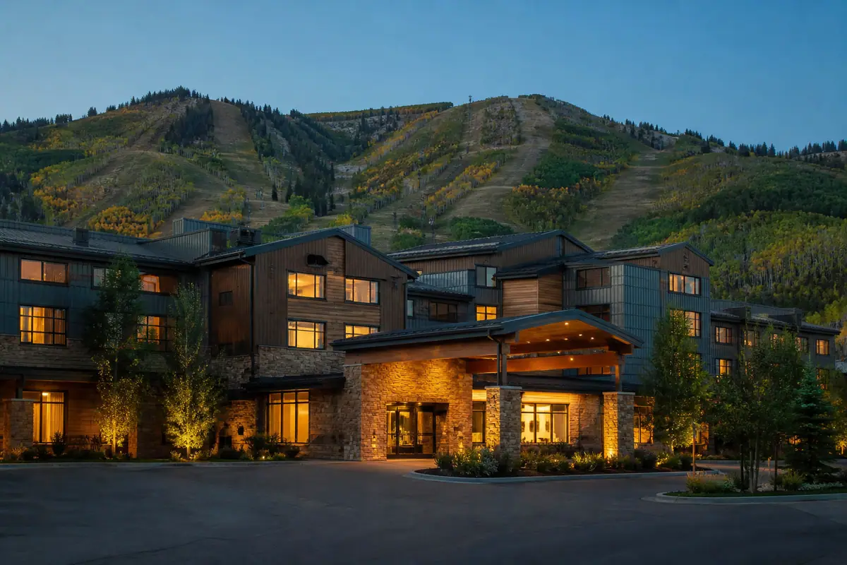 Photorealistic travel-editorial view of Marriott's MountainSide in Park City, Utah
