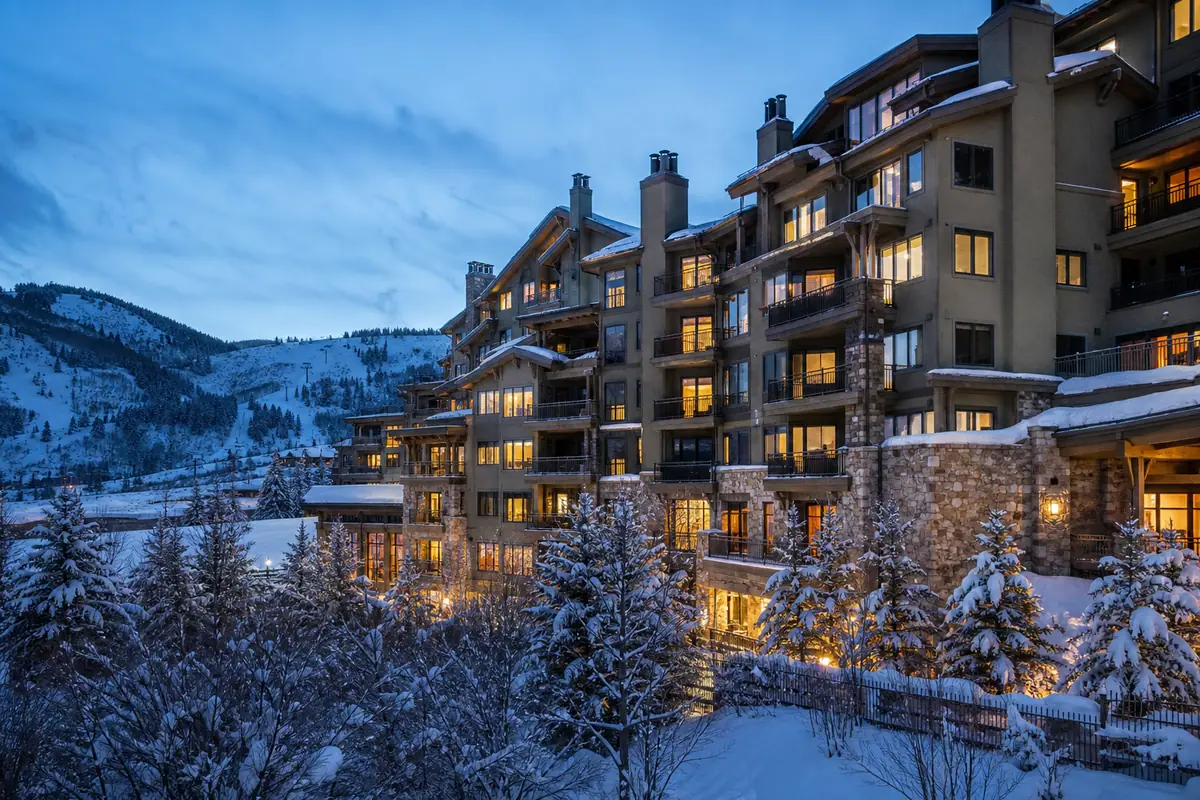 Photorealistic travel-editorial view of Park City Peaks Hotel in Park City, Utah