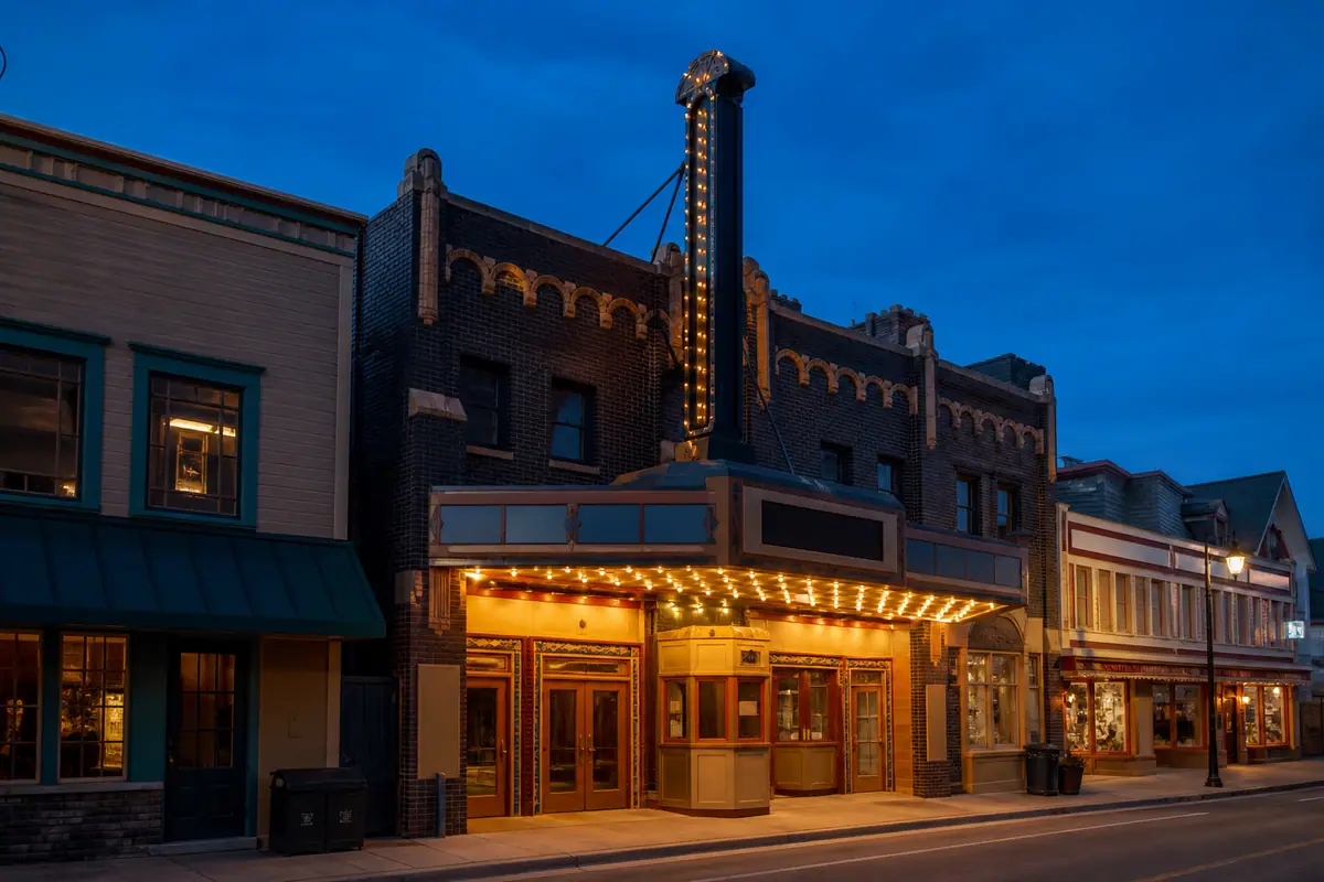 Photorealistic travel-editorial view of Egyptian Theatre in Park City, Utah