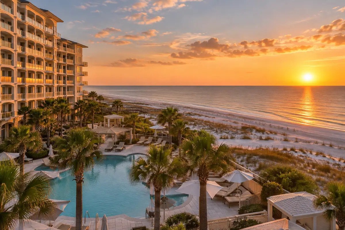 Photoreal travel-editorial view of Perdido Beach Resort in Pensacola, Florida