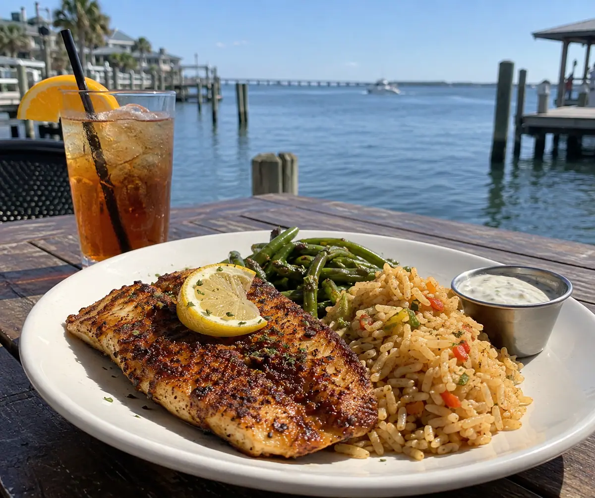 Photoreal travel-editorial view of The Fish House in Pensacola, Florida
