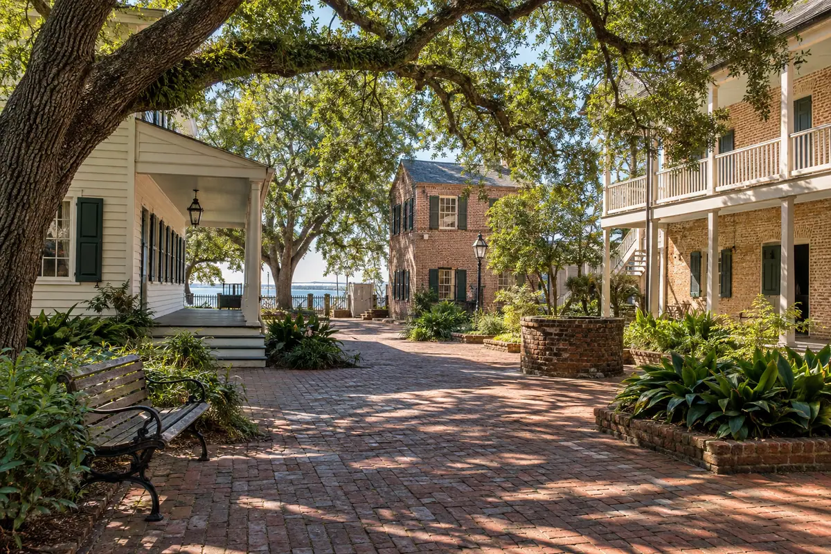 Photoreal travel-editorial view of Historic Pensacola Village in Pensacola, Florida