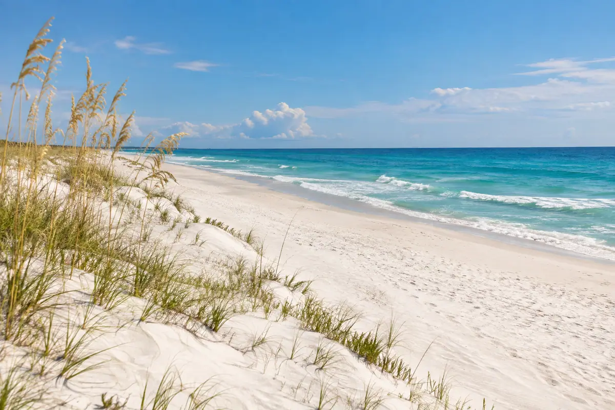 Photoreal travel-editorial view of Johnson Beach and Perdido Key in Pensacola, Florida