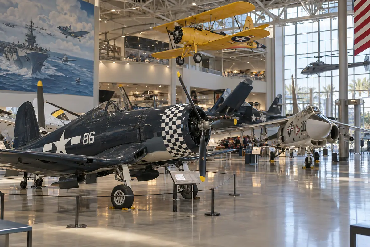 Photoreal travel-editorial view of National Naval Aviation Museum in Pensacola, Florida
