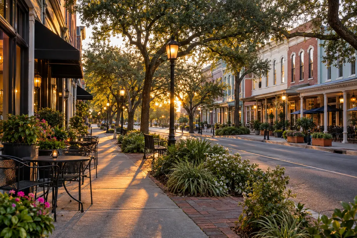 Photoreal travel-editorial view of Palafox Street in Pensacola, Florida