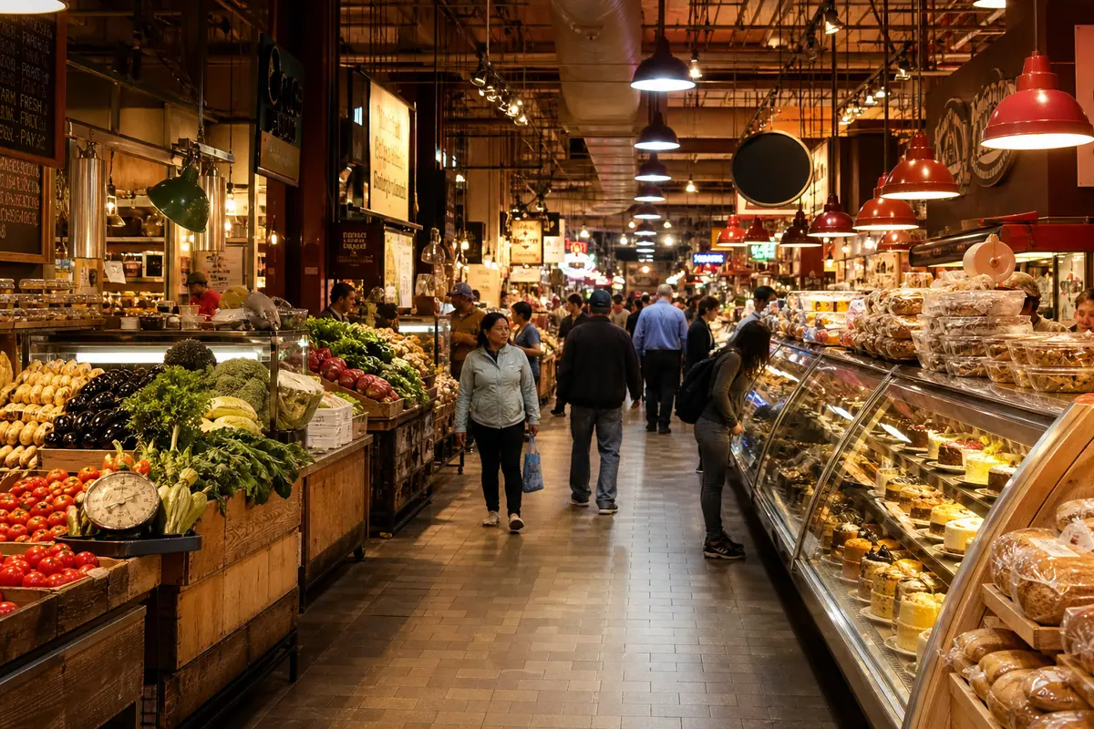 Photoreal Reading Terminal Market interior with food stalls and historic market hall atmosphere
