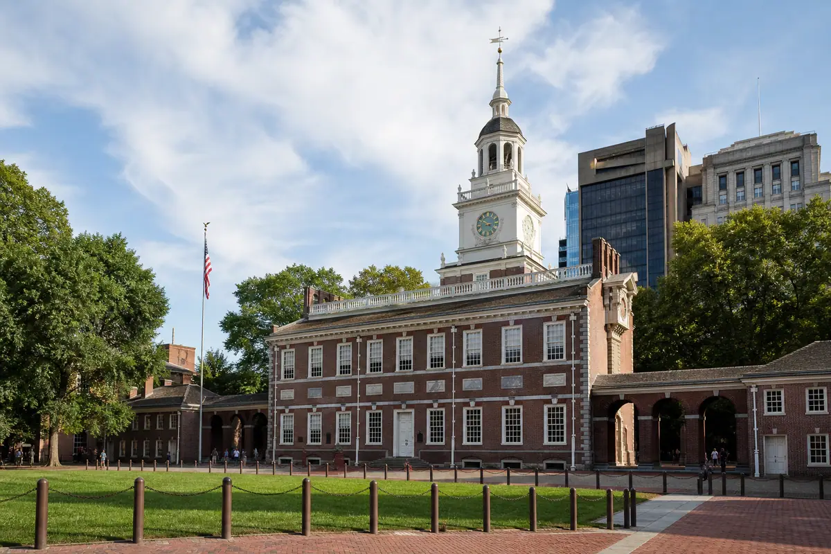 Photoreal Independence National Historical Park with historic red-brick civic architecture in Philadelphia