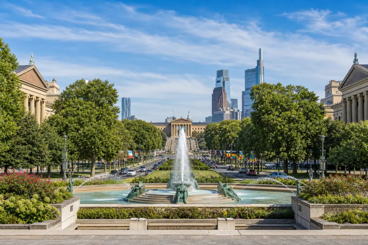 Photoreal Benjamin Franklin Parkway museum district and fountain axis in Philadelphia