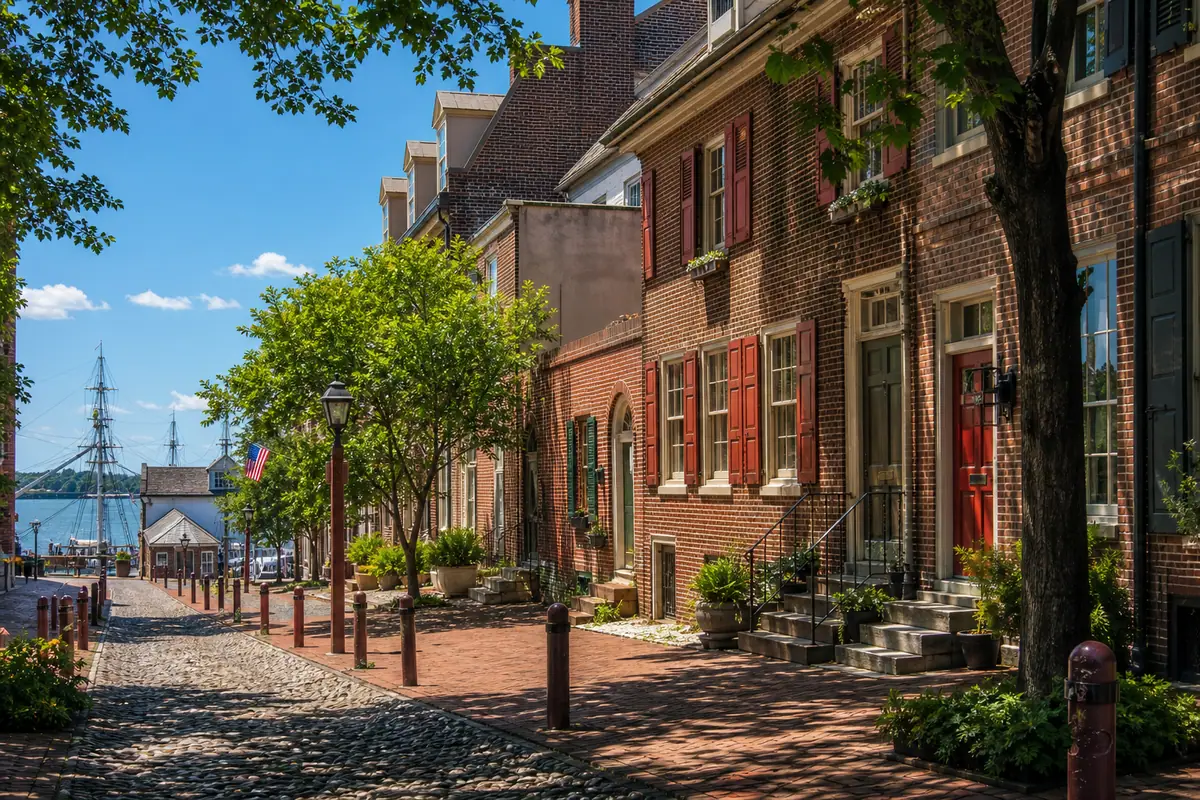 Photoreal Philadelphia Old City cobblestone street leading toward the waterfront