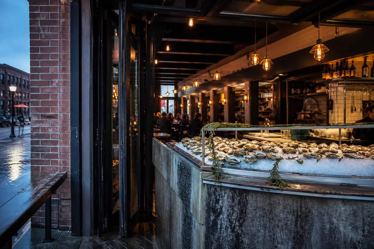 Photoreal dining-room or exterior view of Eventide Oyster Co. in Portland, Maine