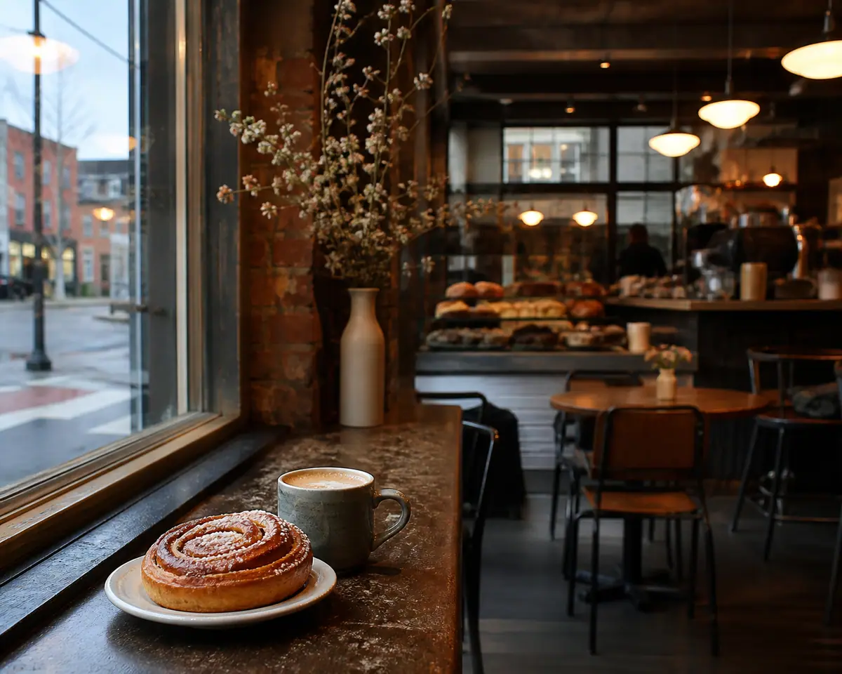 Photoreal dining-room or exterior view of Tandem Coffee + Bakery in Portland, Maine
