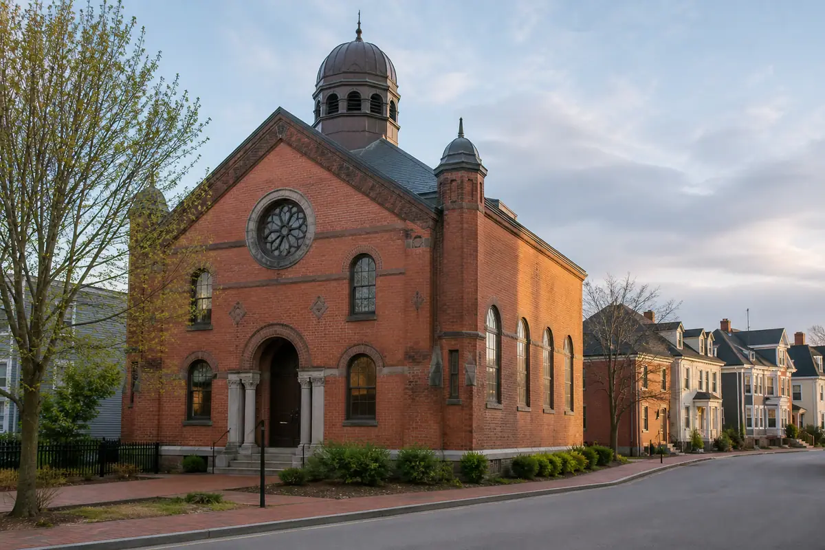 Photoreal travel-editorial view of Maine Jewish Museum in Portland, Maine
