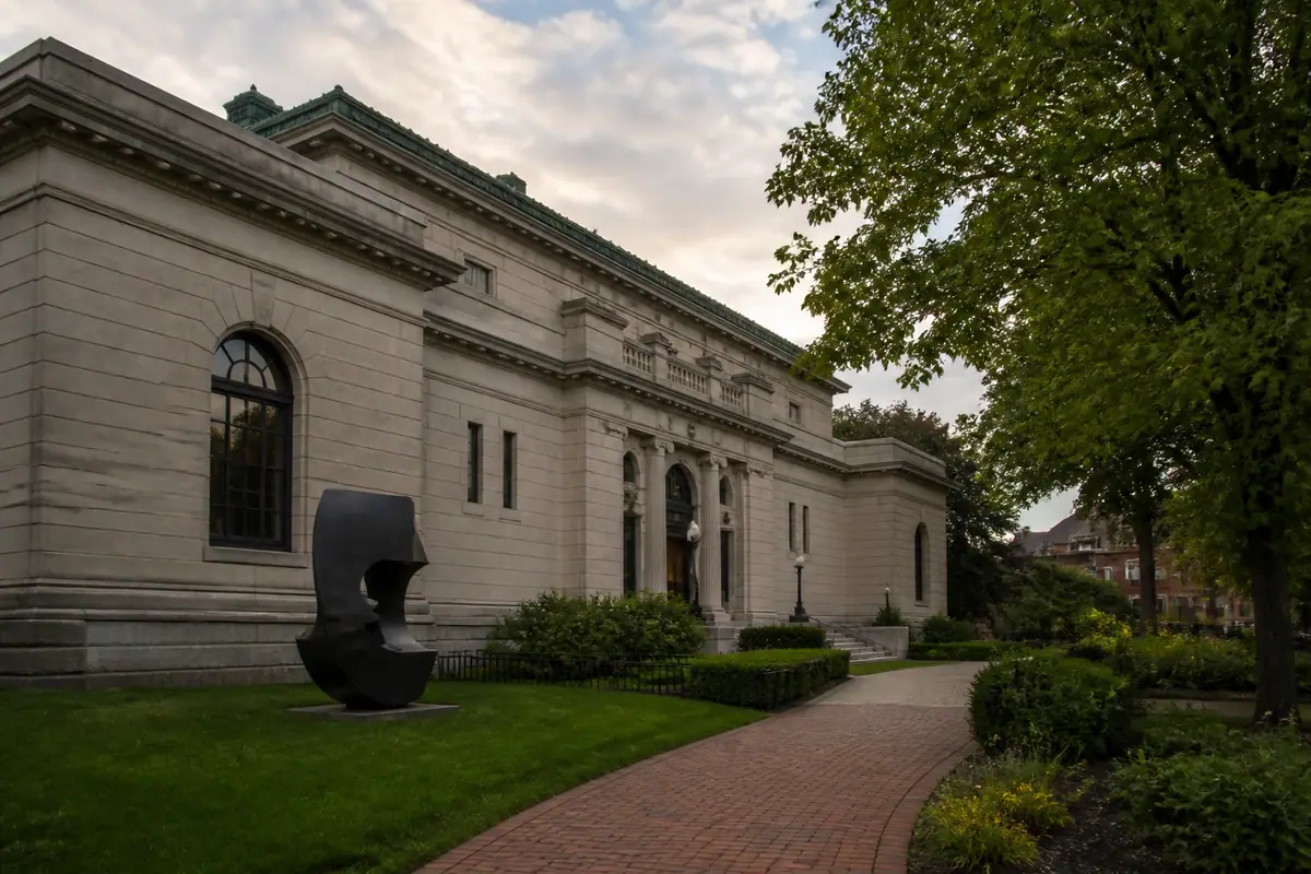 Photoreal travel-editorial view of Portland Museum of Art in Portland, Maine