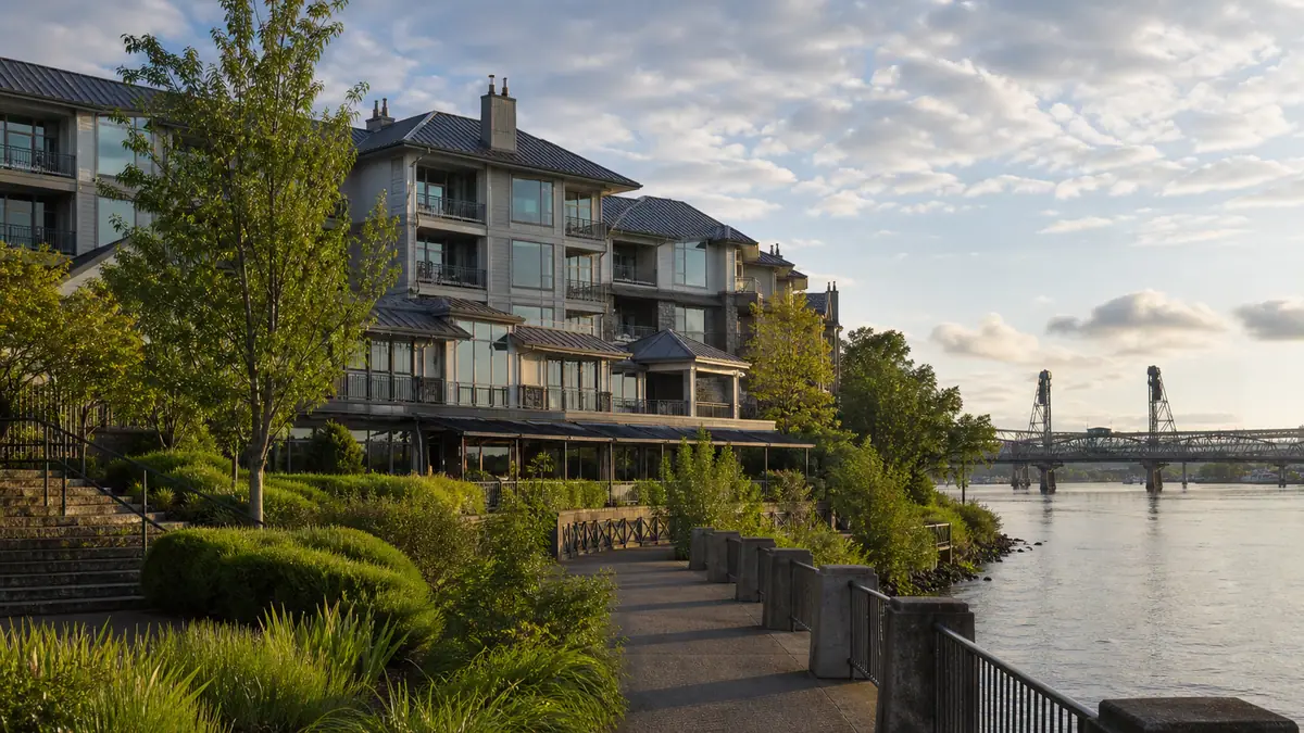 Photoreal exterior of Kimpton RiverPlace Hotel in Portland