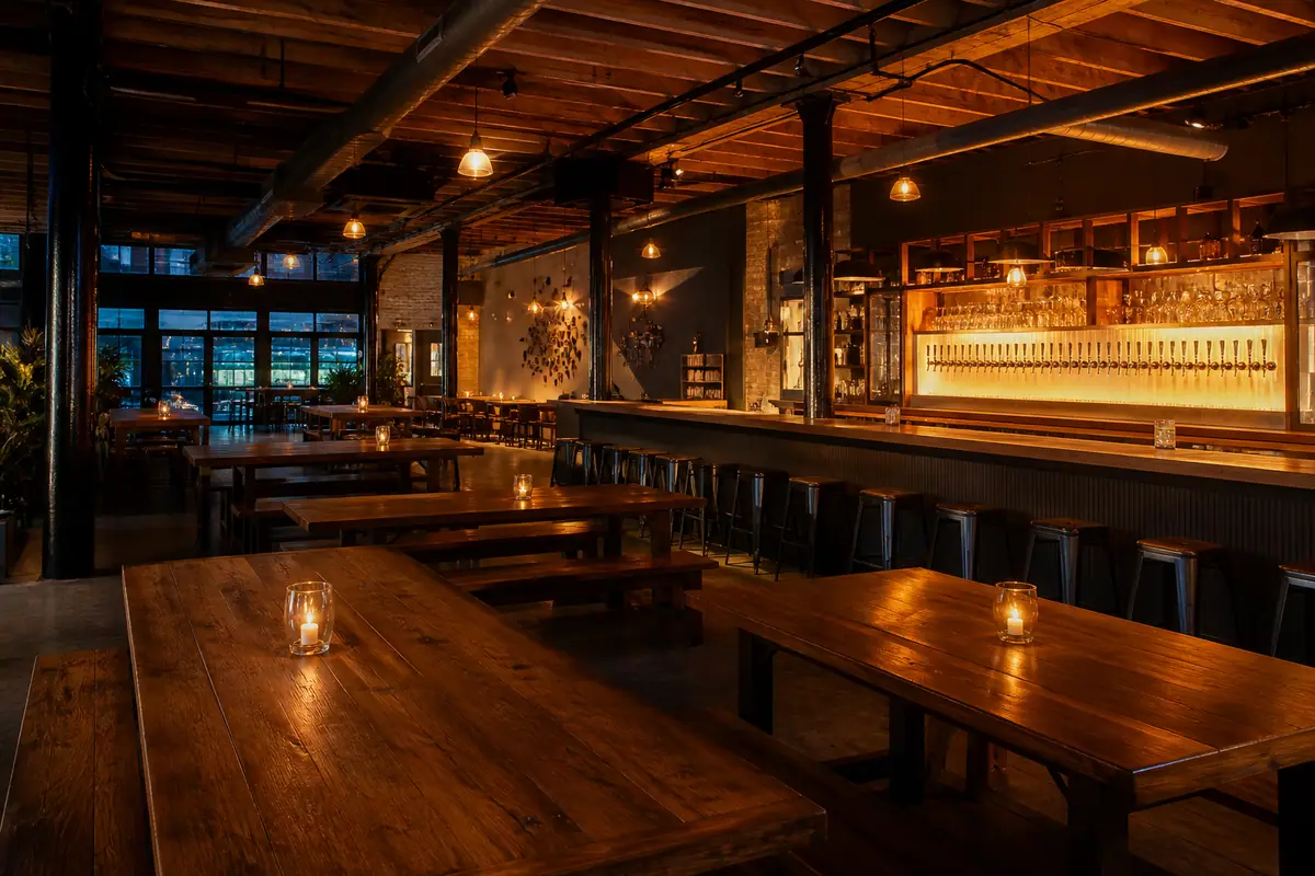 Photoreal travel-editorial view of Bayberry Beer Hall in Providence, Rhode Island