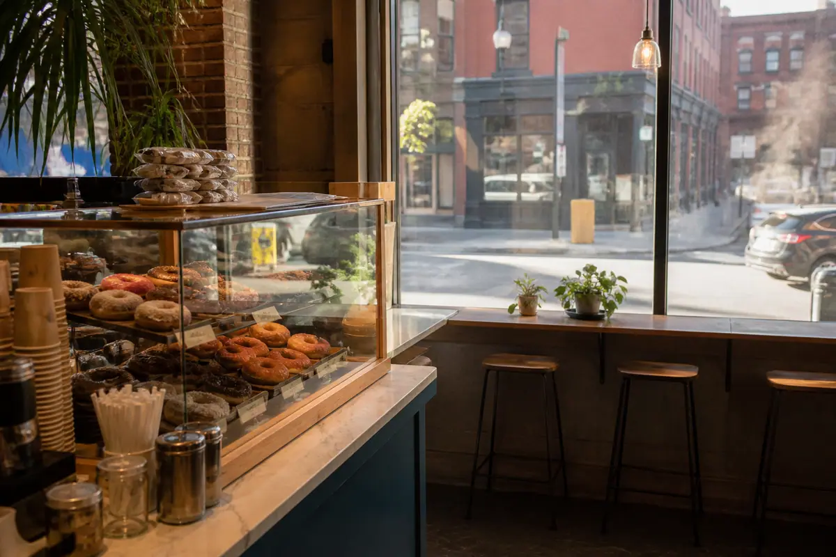 Photoreal travel-editorial view of Knead Doughnuts in Providence, Rhode Island