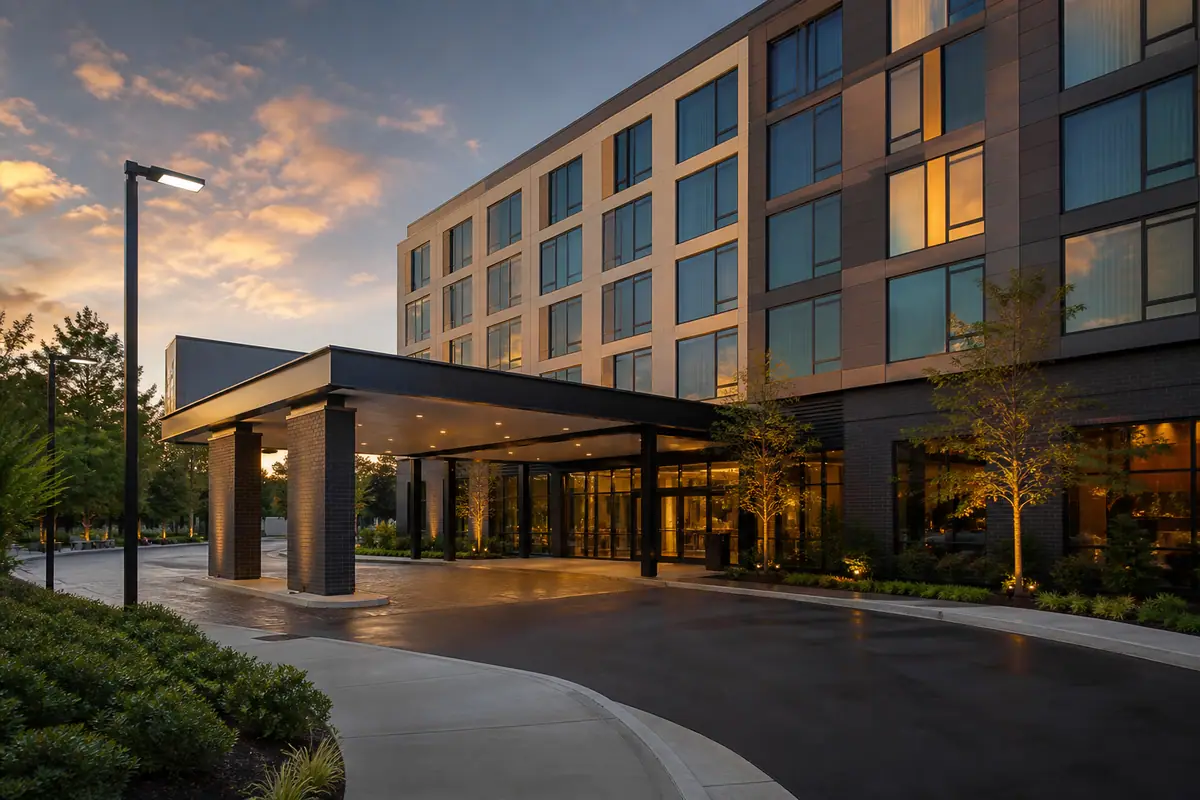 Photorealistic travel-editorial view of Renaissance Raleigh North Hills Hotel in Raleigh, North Carolina