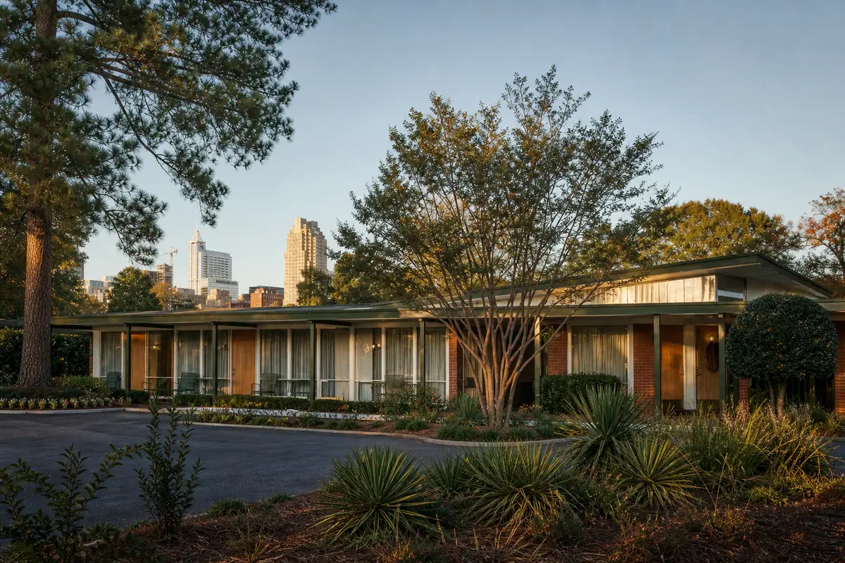 Photorealistic travel-editorial view of The Longleaf Hotel in Raleigh, North Carolina