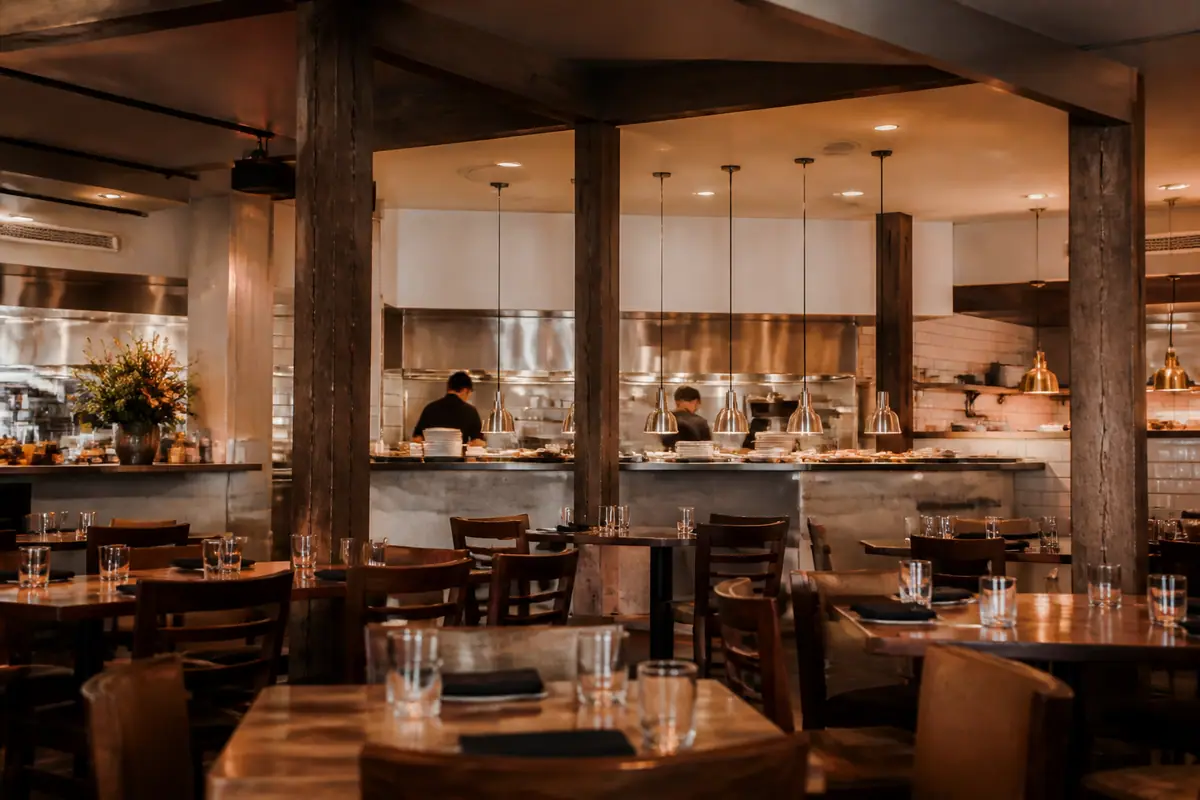 Photorealistic travel-editorial view of Beasley's Chicken + Honey in Raleigh, North Carolina