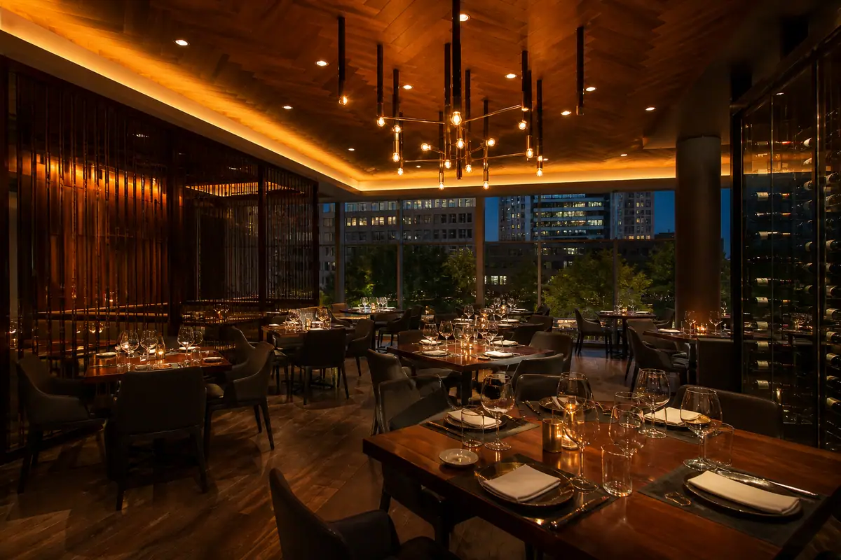 Photorealistic travel-editorial view of Oak Steakhouse in Raleigh, North Carolina