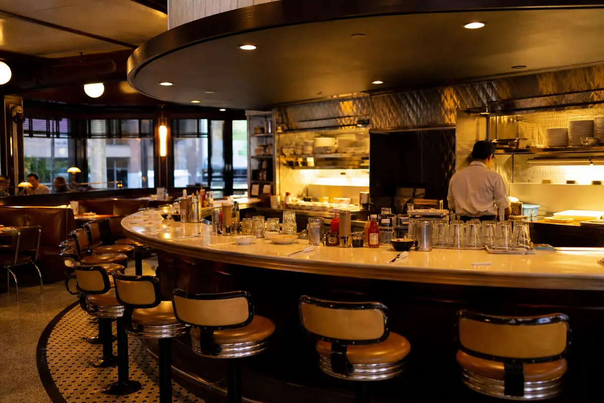 Photorealistic travel-editorial view of Poole's Diner in Raleigh, North Carolina