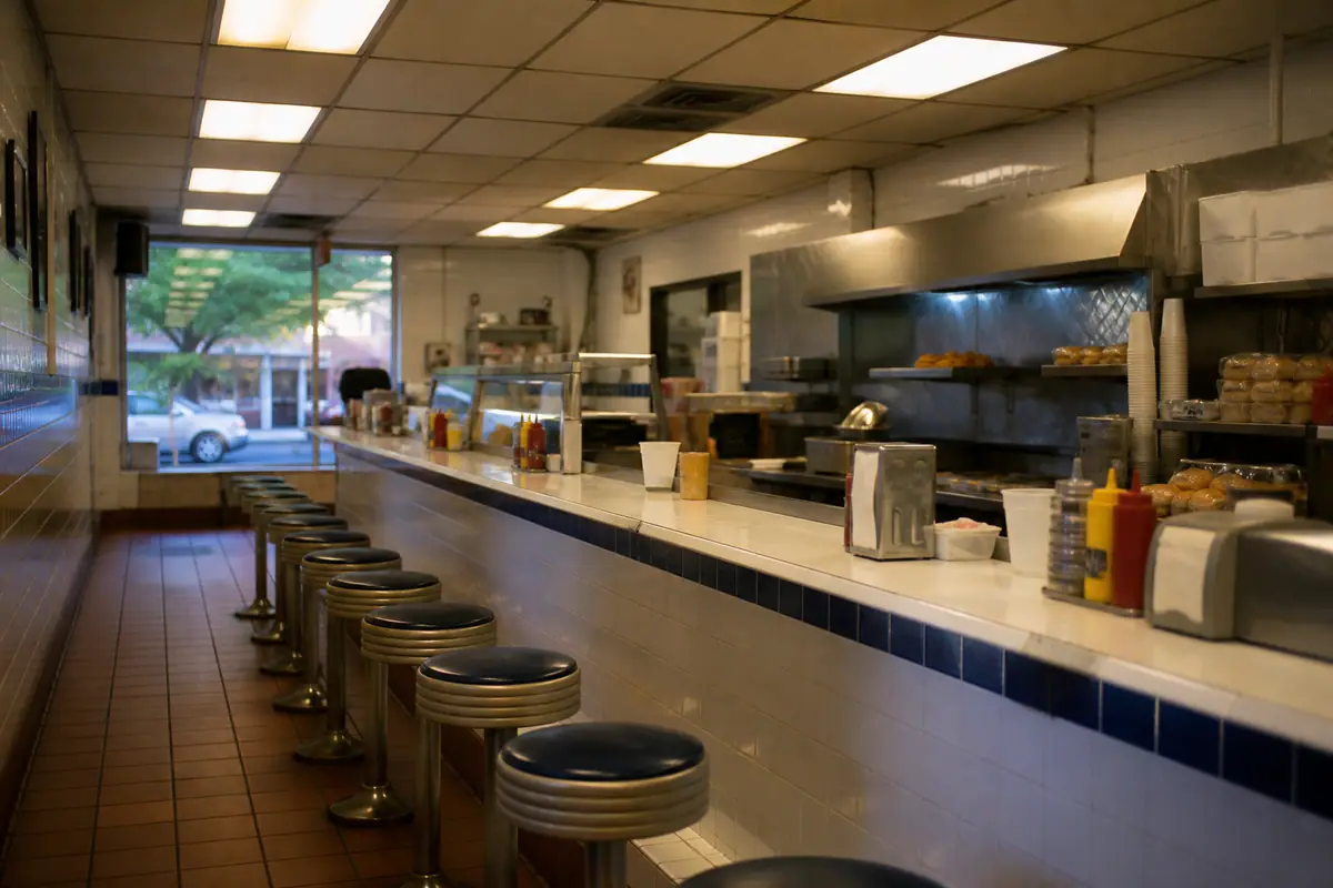 Photorealistic travel-editorial view of The Roast Grill in Raleigh, North Carolina