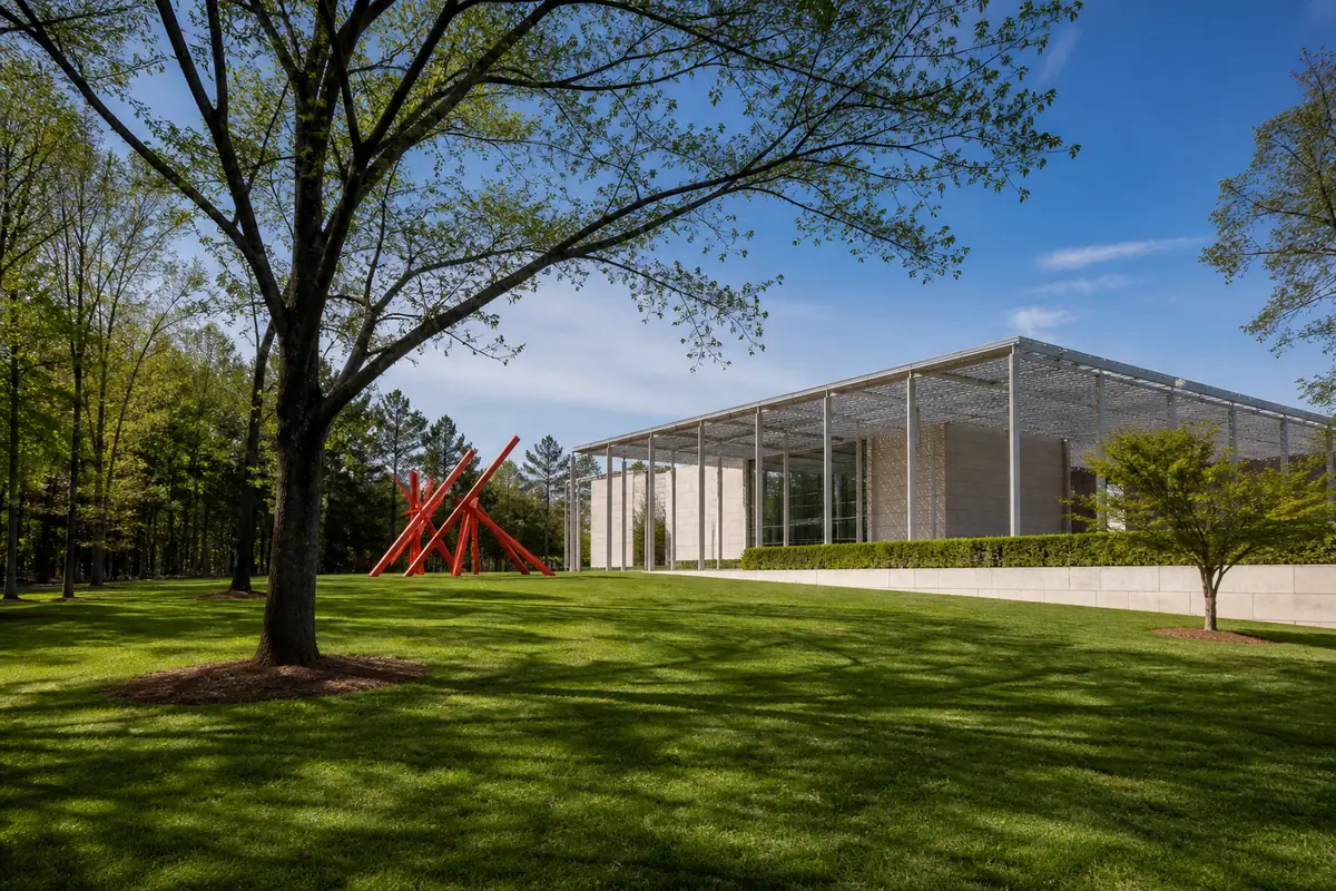 Photorealistic travel-editorial view of North Carolina Museum of Art and Museum Park in Raleigh, North Carolina