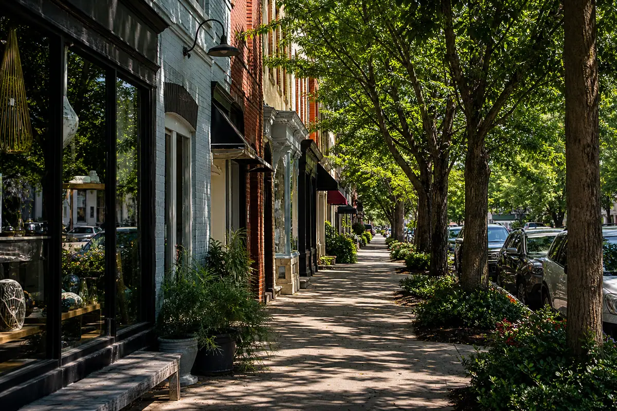 Photorealistic travel-editorial view of Village District and Five Points Stroll in Raleigh, North Carolina