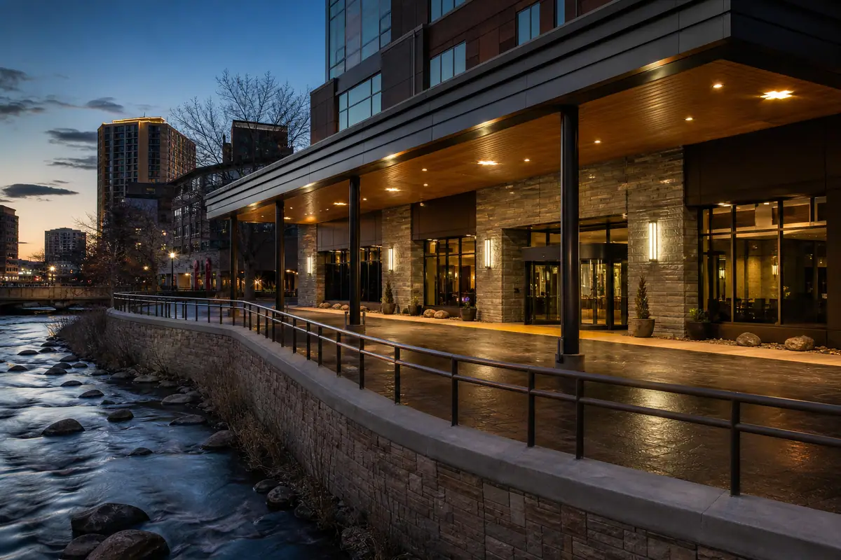Photorealistic travel-editorial view of Renaissance Reno Downtown Hotel & Spa in Reno, Nevada
