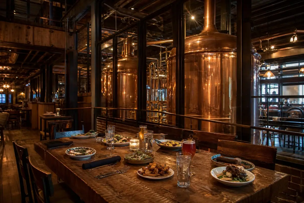 Photorealistic travel-editorial view of The Depot Craft Brewery Distillery in Reno, Nevada