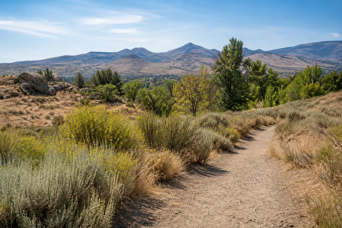 Photorealistic travel-editorial view of Rancho San Rafael Regional Park in Reno, Nevada