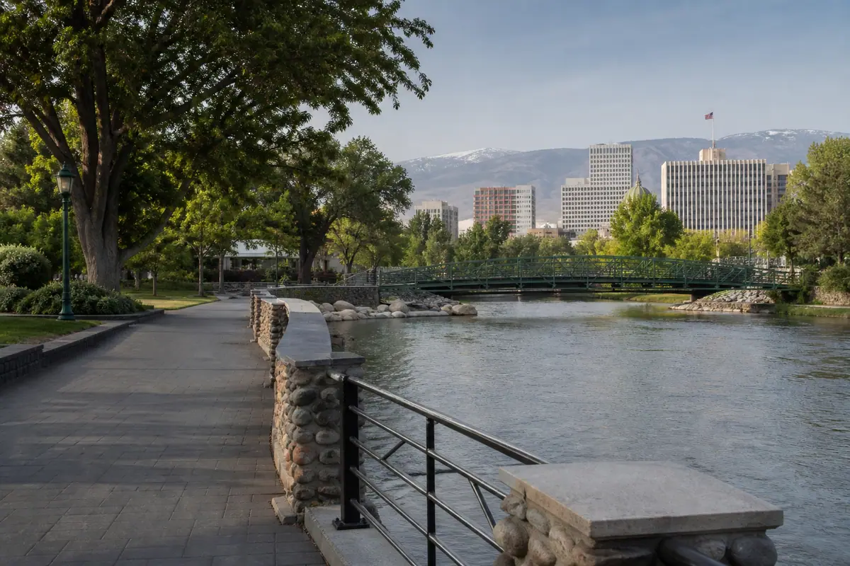 Photorealistic travel-editorial view of Truckee Riverwalk and Wingfield Park in Reno, Nevada