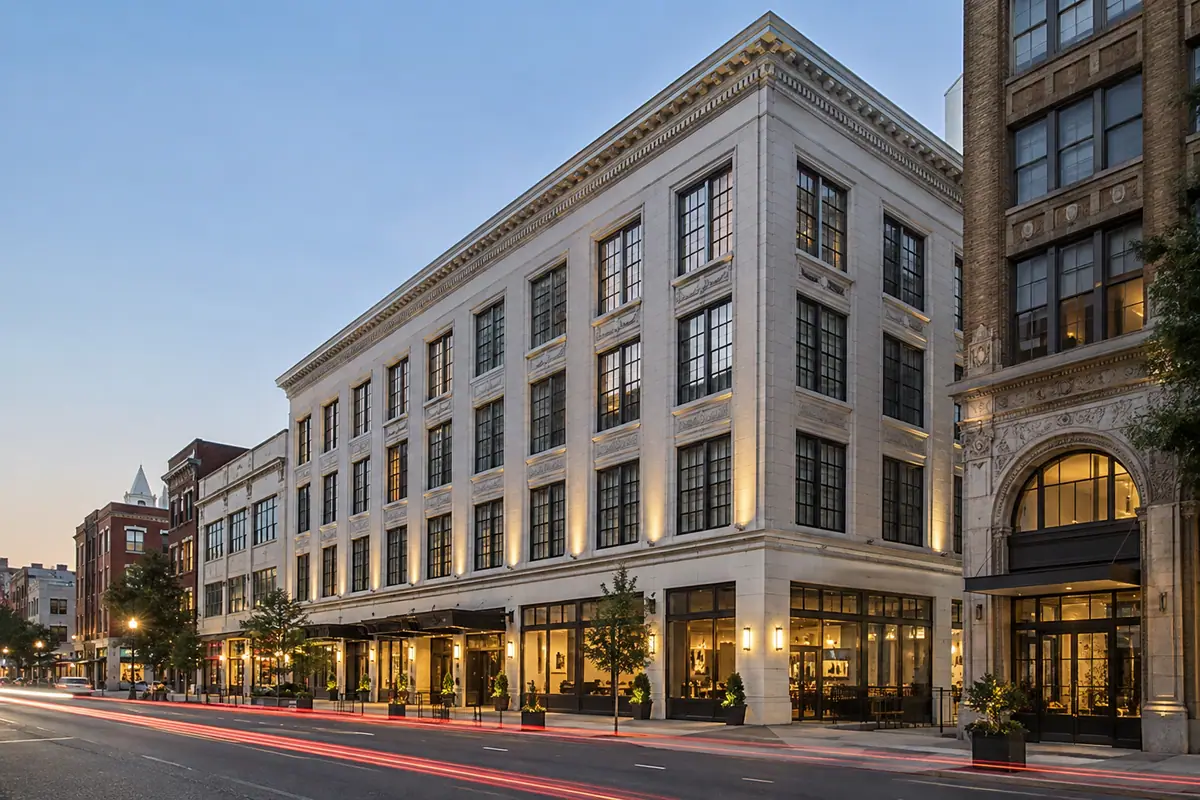Photoreal travel-editorial view of Quirk Hotel Richmond in Richmond, Virginia