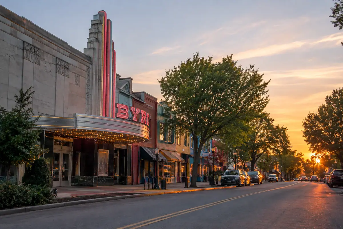 Photoreal travel-editorial view of Carytown and the Byrd Theatre in Richmond, Virginia