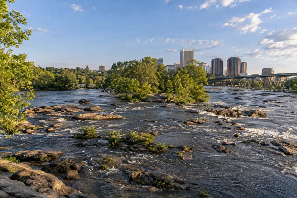 Photoreal travel-editorial view of James River Park System and Belle Isle in Richmond, Virginia