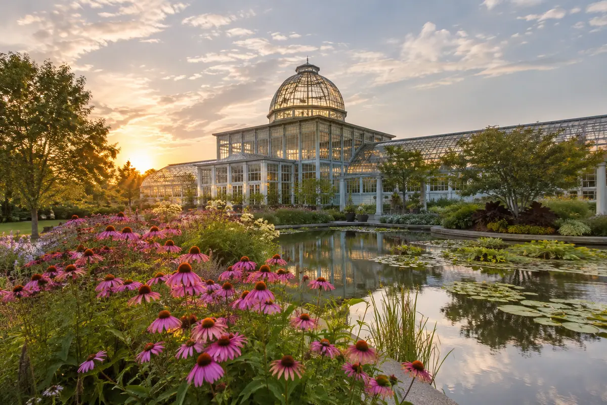 Photoreal travel-editorial view of Lewis Ginter Botanical Garden in Richmond, Virginia
