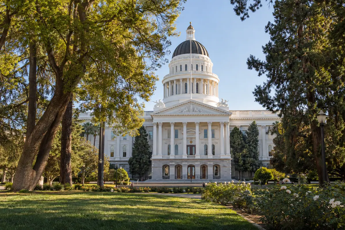 Photorealistic travel-editorial view of California State Capitol Museum in Sacramento, California