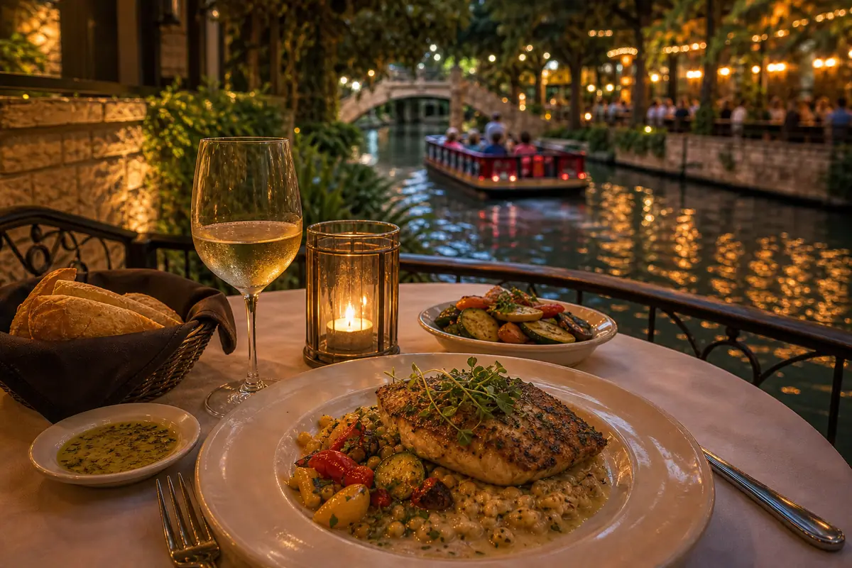 Photoreal dining or food scene representing Boudro's on the Riverwalk in San Antonio