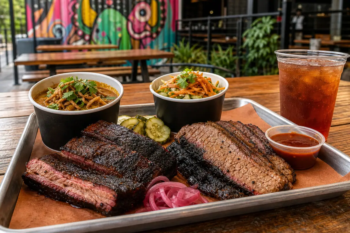 Photoreal dining or food scene representing Curry Boys BBQ in San Antonio