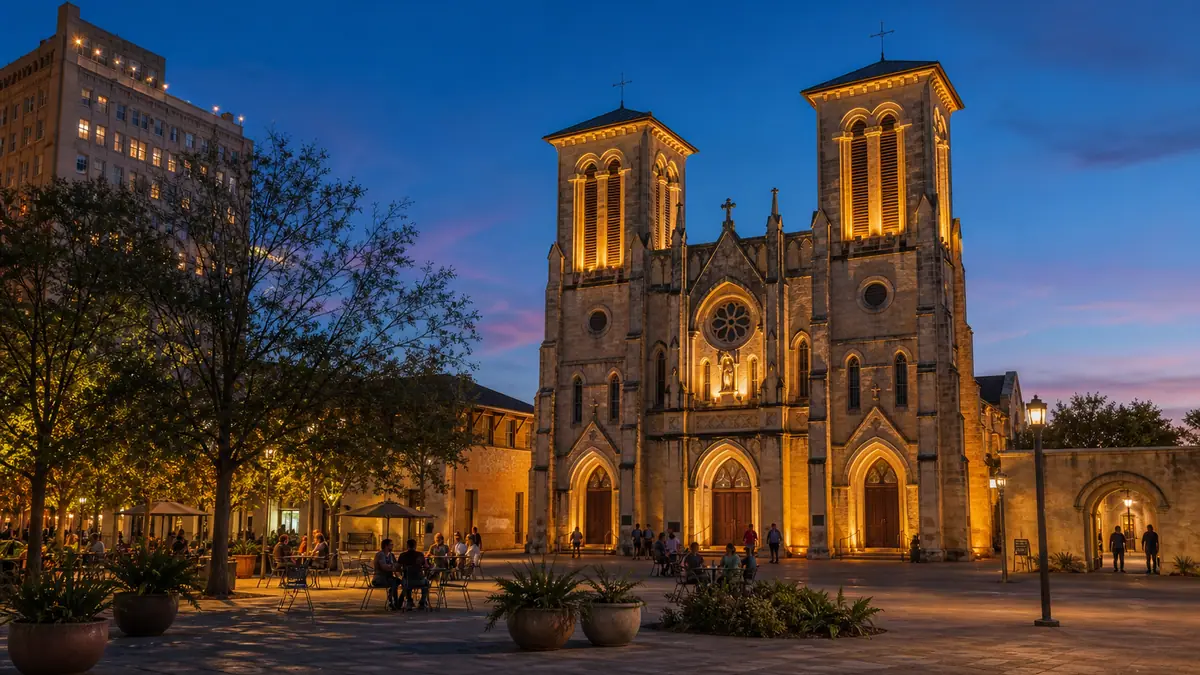 Photoreal San Fernando Cathedral and Main Plaza evening scene in San Antonio