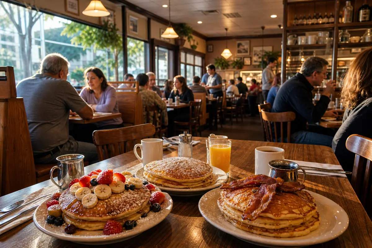 Photoreal dining or food scene representing Richard Walker's Pancake House in San Diego