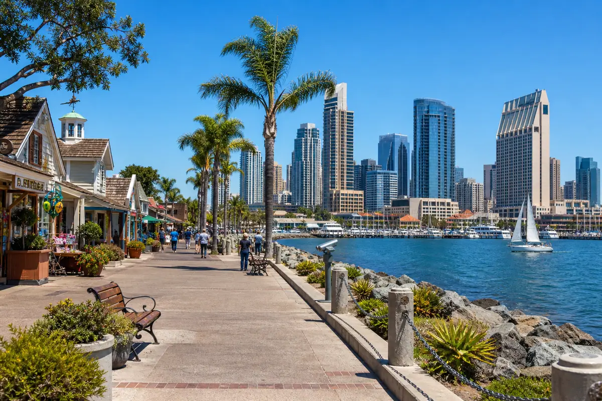 Photoreal view of Seaport Village and Embarcadero in San Diego