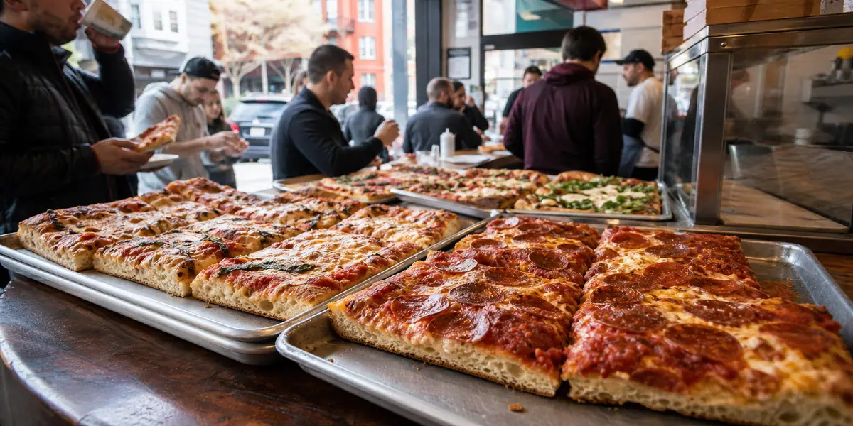 Photoreal dining or food scene representing Golden Boy Pizza in San Francisco