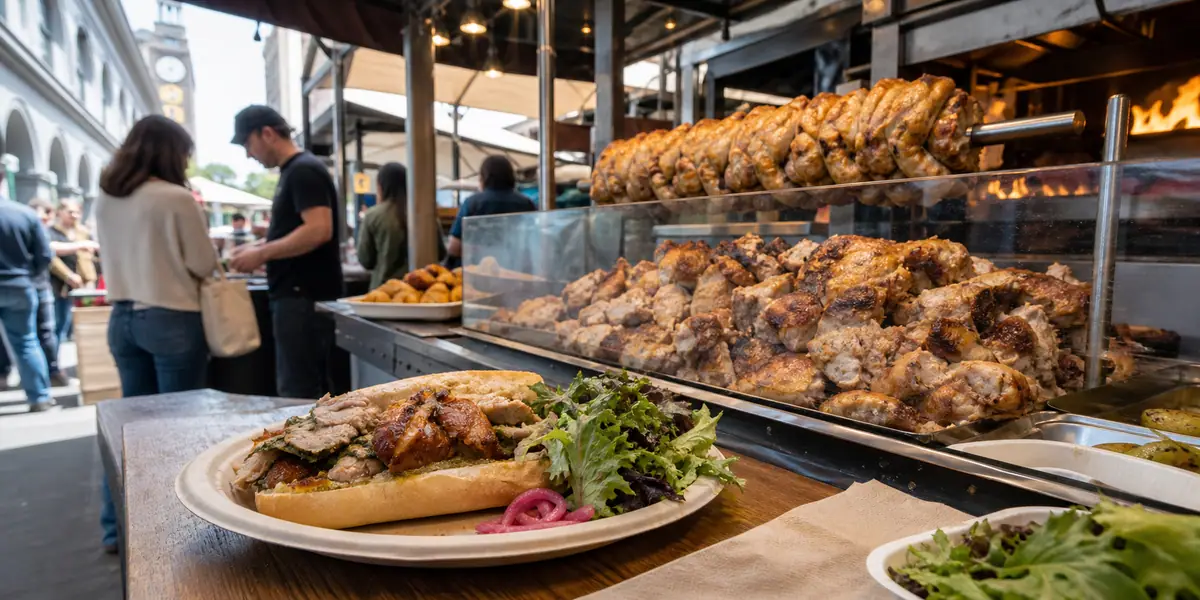 Photoreal dining or food scene representing Roli Roti Gourmet Rotisserie in San Francisco
