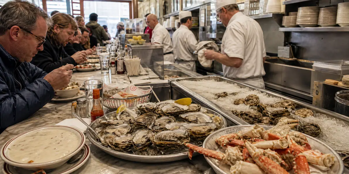 Photoreal dining or food scene representing Swan Oyster Depot in San Francisco