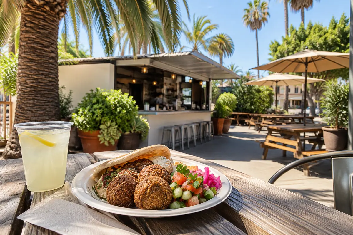 Photoreal travel-editorial view of Falafel's Drive-In in San Jose, California